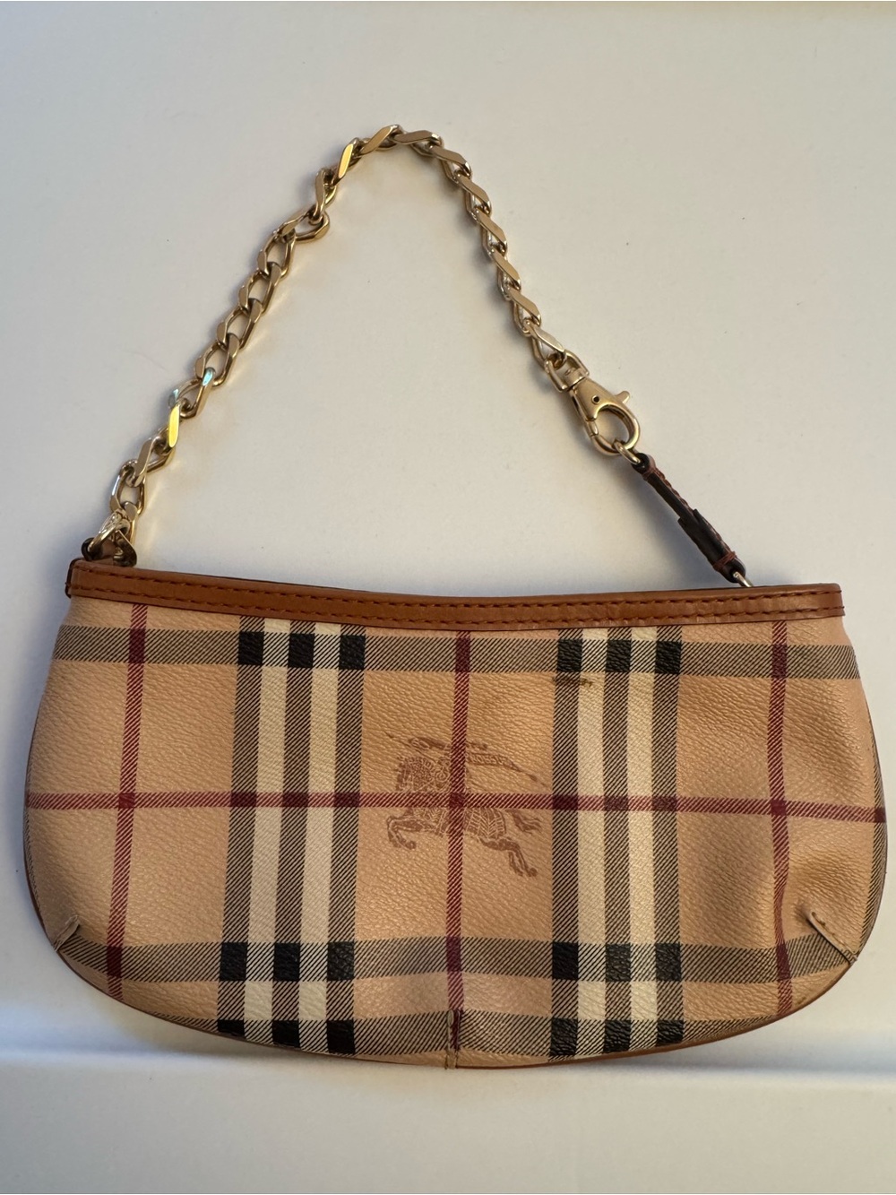 Burberry Clara  Tan Nova Haymarket Check Mini Chain Shoulder Bag
